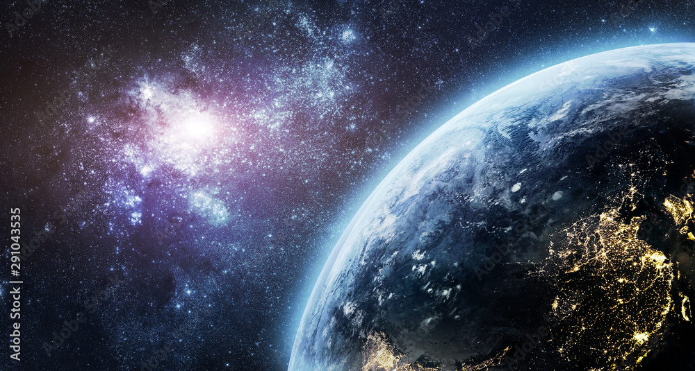 Aufkleber nightly planet earth in the space. galaxy on the horizon. civilization. view from space station. ele