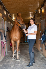Young sportswoman standing by purebred racehorse inside stable