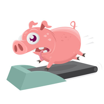 funny cartoon illustration of a pig on a treadmill
