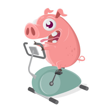 funny cartoon illustration of a pig on a bike trainer