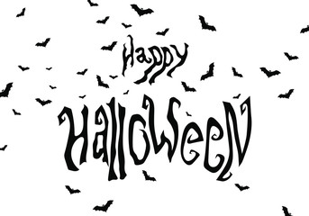 Happy Halloween banner with hand drawn text and bats. Vector illustration