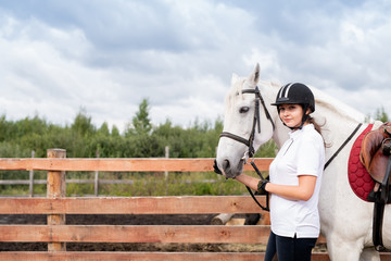 Young woman in equestrian outfit and white racehorse moving along wooden fence