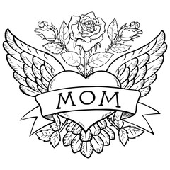 Heart twisted in the ribbon. Heart tattoo with ribbon and roses. Old school style. Ribbon with an inscription mom love. Black and white tattoo