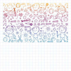 creative kids dancing, sing, playing football, playing guitar, violin, making models from paper. Monochrome pen drawing on squared notebook .