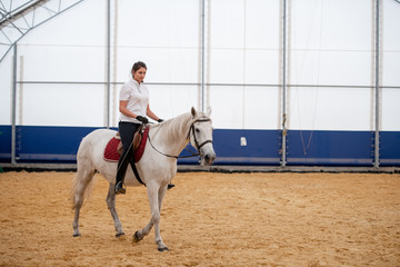 Young woman in skinny jeans and white polo shirt sitting on back of racehorse