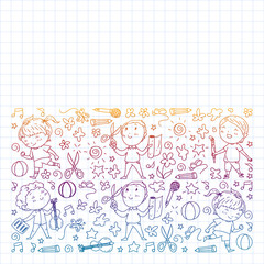 creative kids dancing, sing, playing football, playing guitar, violin, making models from paper. Monochrome pen drawing on squared notebook .