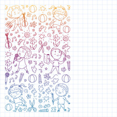 creative kids dancing, sing, playing football, playing guitar, violin, making models from paper. Monochrome pen drawing on squared notebook .