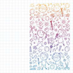creative kids dancing, sing, playing football, playing guitar, violin, making models from paper. Monochrome pen drawing on squared notebook .