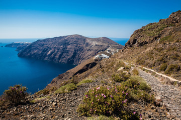 Walking trail number 9 between the cities of Fira and Oia in the Santorini Island