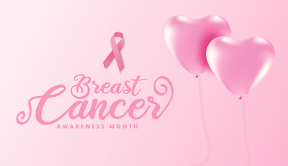 Breast cancer october awareness month heart pink balloons banner background,vector illustration