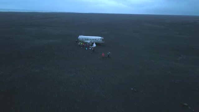 Aerial view of DC-3 plane wreck on Solheimasandur in Iceland