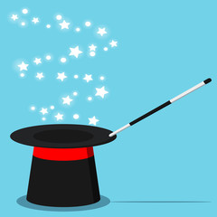 Vector flat design cartoon style illustration magic black hat with magic wand and magical glow stars sparkles isolated
