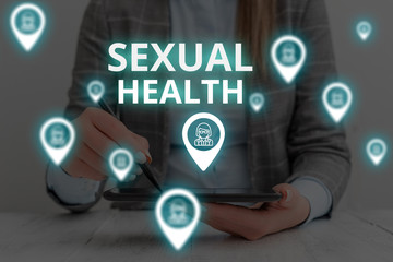 Text sign showing Sexual Health. Business photo text Healthier body Satisfying Sexual life Positive relationships Woman wear formal work suit presenting presentation using smart device