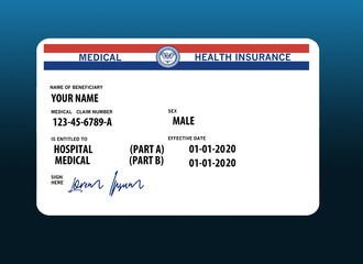 Here is a mock, generic, 2020 Medicare Health Insurance card. It does not use the word Medicare on the card but resembles a real Medicare card. Mock signature spells: Lorem Ipsum - obrazy, fototapety, plakaty