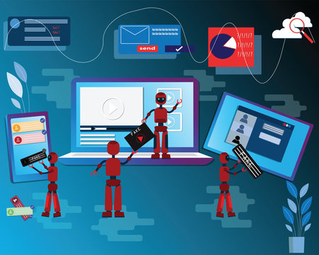 Flat design concept of social application and fake news,online technology,Fake news on social media platform, Used intelligence machine making fake news,vector illustration