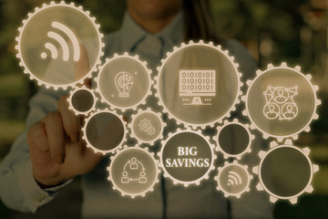 Conceptual hand writing showing Big Savings. Concept meaning income not spent or deferred consumption putting money aside Woman wear work suit presenting presentation smart device