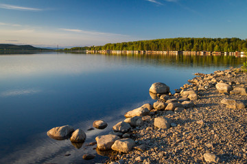 View of the lake Kovdozero in Zelenoborsky village near Kandalaksha. Kola Peninsula, Russia.