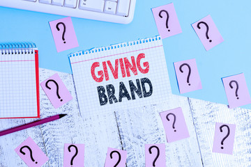 Text sign showing Giving Brand. Business photo showcasing The process of giving a Name to a company products or services Writing tools, computer stuff and math book sheet on top of wooden table