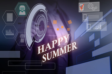 Word writing text Happy Summer. Business photo showcasing Beaches Sunshine Relaxation Warm Sunny Season Solstice Woman wear formal work suit presenting presentation using smart device
