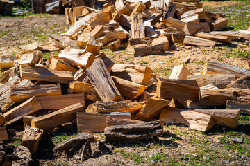 Firewood on farm yard on a glade in the summer