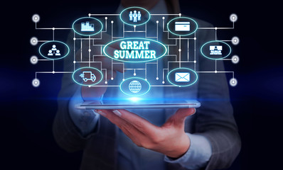 Conceptual hand writing showing Great Summer. Concept meaning Having Fun Good Sunshine Going to the beach Enjoying outdoor Woman wear work suit presenting presentation smart device