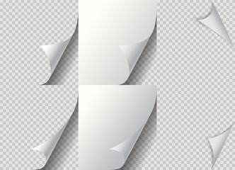 Curled page paper corner set. Paper fold, curve flip corner and papers curls angle. Flipping book page, bent border of notepad. Leaf sticker with curl effect. Isolated vector illustration