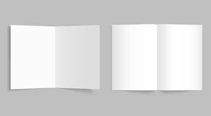 Mockup bi-fold brochure or booklet. White bifold paper cover of flyer for print with shadow. Template leaflet page format of a4, a3, a5. vector illustration