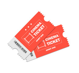 Ticket of cinema for movie. Admission two red tickets for theater, movie, cinema on isolated background. Pass ticket on film. vector illustration