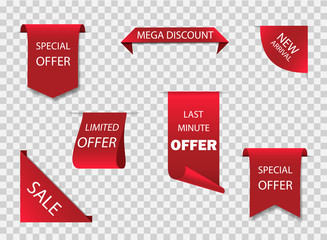 Original red ribbon or label for offer sale. New design of sale tag, stickers. Premium ribbon for discount of retail price. Sticker banner on isolated background. vector illustration