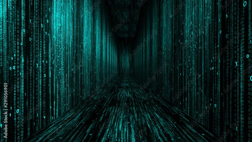 Poster matrix corridor digital numbers 0 and 1 in computer world of code background