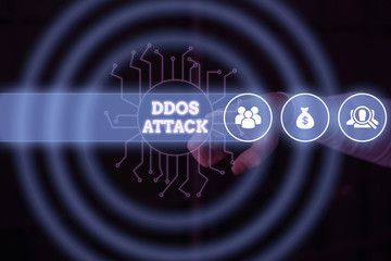 Conceptual hand writing showing Ddos Attack. Concept meaning perpetrator seeks to make network resource unavailable Male wear formal suit presenting presentation smart device