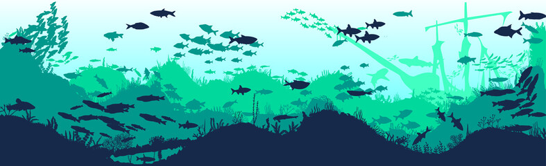 Silhouette of fish and algae on the background of reefs. Underwater ocean scene. Deep blue water, coral reef and underwater plants. a beautiful underwater scene; a vector seascape with reef.