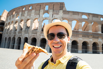 Man Eating Italian Pizza Near Colosseum