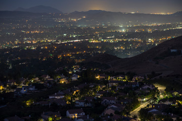 Hazy night hilltop view of suburban Simi Valley near Los Angeles in Ventura County, California.