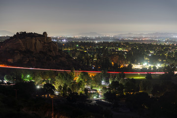 Night view of the San Fernando Valley, Topanga Canyon Blvd and Stoney Point Park and in Los Angeles, California.