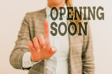 Word writing text Opening Soon. Business photo showcasing Going to be available or accessible in public anytime shortly Digital business concept with business woman