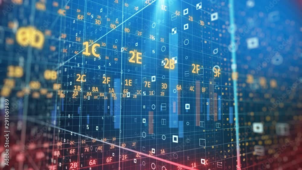 Poster digital 3d world made of hexadecimal code, fly through, inside modern computer