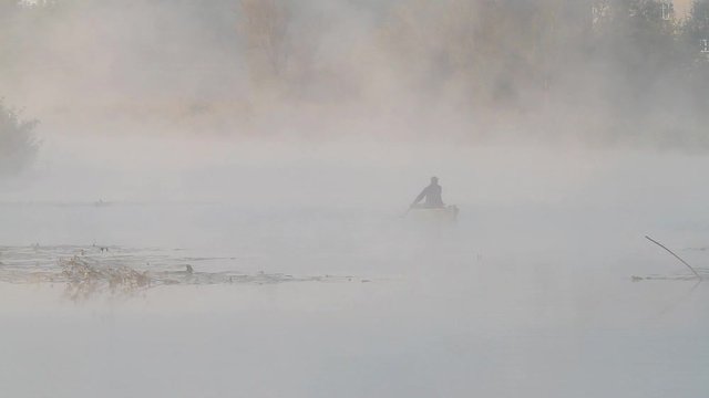 mysterious fisherman rows with an oar in his wooden boat in thick fog on a village lake, willow trees on its banks, beautiful quiet and peaceful foggy dawn, summer morning seasonal footage