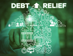 Writing note showing Debt Relief. Business concept for partial or total remission of it especially those by countries Woman wear formal work suit presenting presentation using smart device