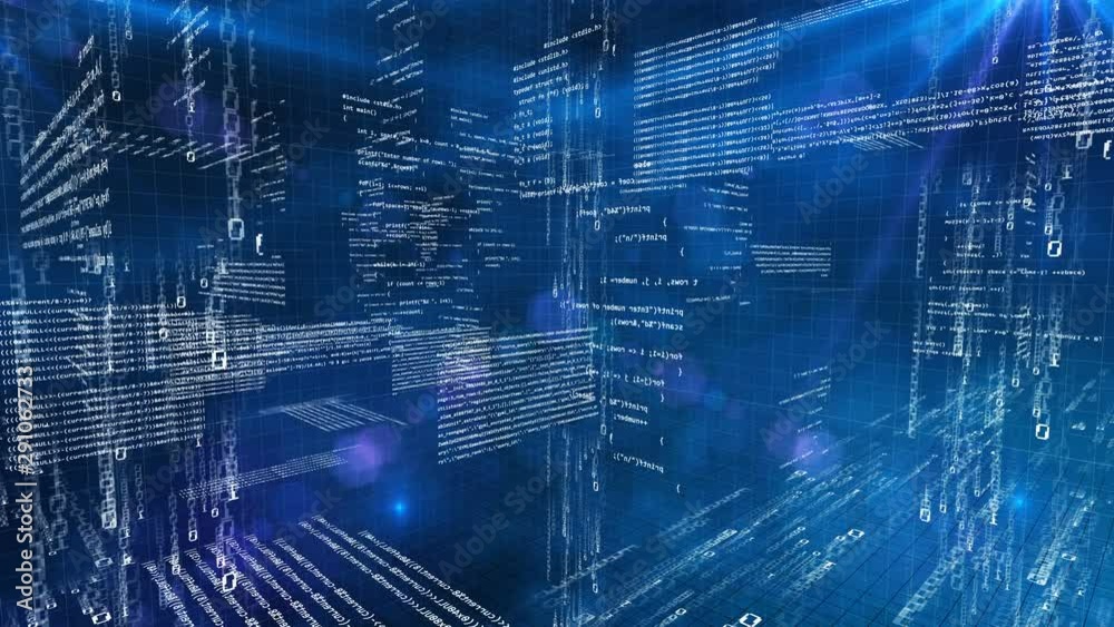 Poster programming code 3d world, inside machine processes, blue tech background