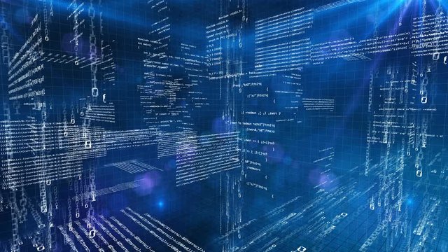 Programming code 3d world, inside machine processes, blue tech background
