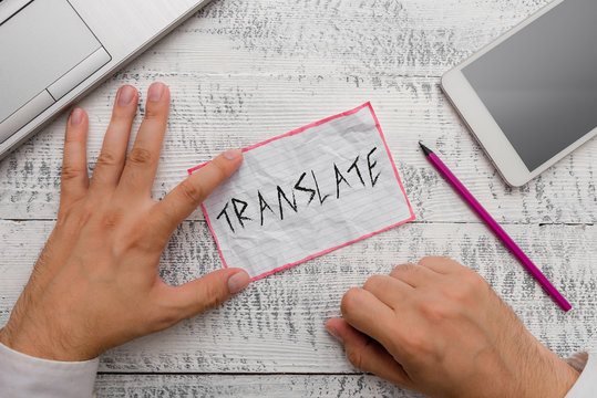 Writing note showing Translate. Business concept for Another word with same equivalent meaning of a target language