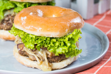 hamburger enoki mushroom glazed donut sandwich