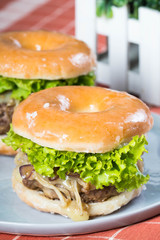 hamburger enoki mushroom glazed donut sandwich