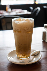 guinomis is a favorite chilled dessert of many Filipinos.  It consist of sago, pinipig, muscovado sugar, gelatin and coconut milk mix together