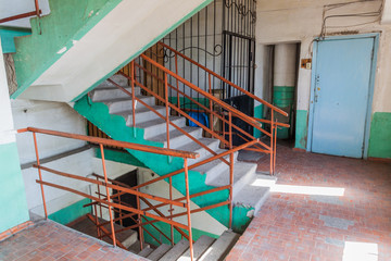 Typical staircase of an apartment building in Bishkek, capital of Kyrgyzstan.