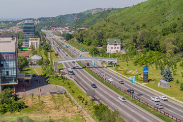 ALMATY, KAZAKHSTAN - JUNE 1, 2017: Aerial view of a highway in Almaty, Kazakhstan.