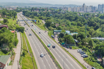 ALMATY, KAZAKHSTAN - JUNE 1, 2017: Aerial view of a highway in Almaty, Kazakhstan.