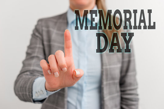 Word writing text Memorial Day. Business photo showcasing To honor and remembering those who died in military service Digital business concept with business woman