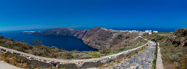 Panorama of the walking trail number 9 between the cities of Fira and Oia in the Santorini Island © anamejia18